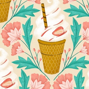 (L) it‘s ice cream time, soft ice cream or frozen joghurt in a waffle and flowers, bright beige
