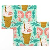 (M) it‘s ice cream time, soft ice cream or frozen joghurt in a waffle and flowers, mint green teal