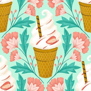 (M) it‘s ice cream time, soft ice cream or frozen joghurt in a waffle and flowers, mint green teal