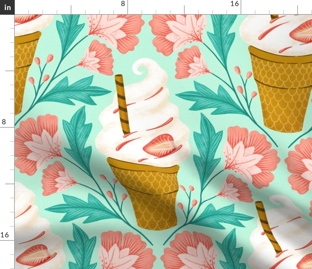 (M) it‘s ice cream time, soft ice cream or frozen joghurt in a waffle and flowers, mint green teal