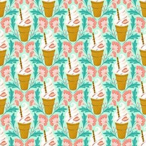 (S) it‘s ice cream time, soft ice cream or frozen joghurt in a waffle and flowers, mint green teal