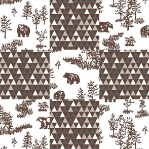 Cheater quilt - woodland bears and triangles - brown and white and gray - 6x6 in checker