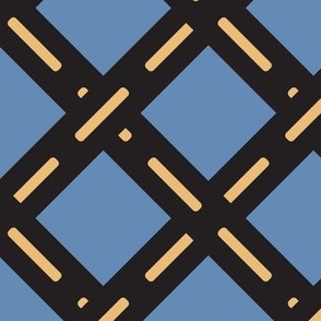 585 - Large scale diamond shape lattice Crossroad in dark charcoal and buttery cream, denim blue - for wallpaper, table cloths, kids apparel, curtains and duvet covers 