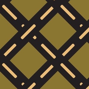 585 - Large scale diamond shape lattice Crossroad in dark charcoal and buttery cream, muted olive green - for wallpaper, table cloths, kids apparel, curtains and duvet covers 