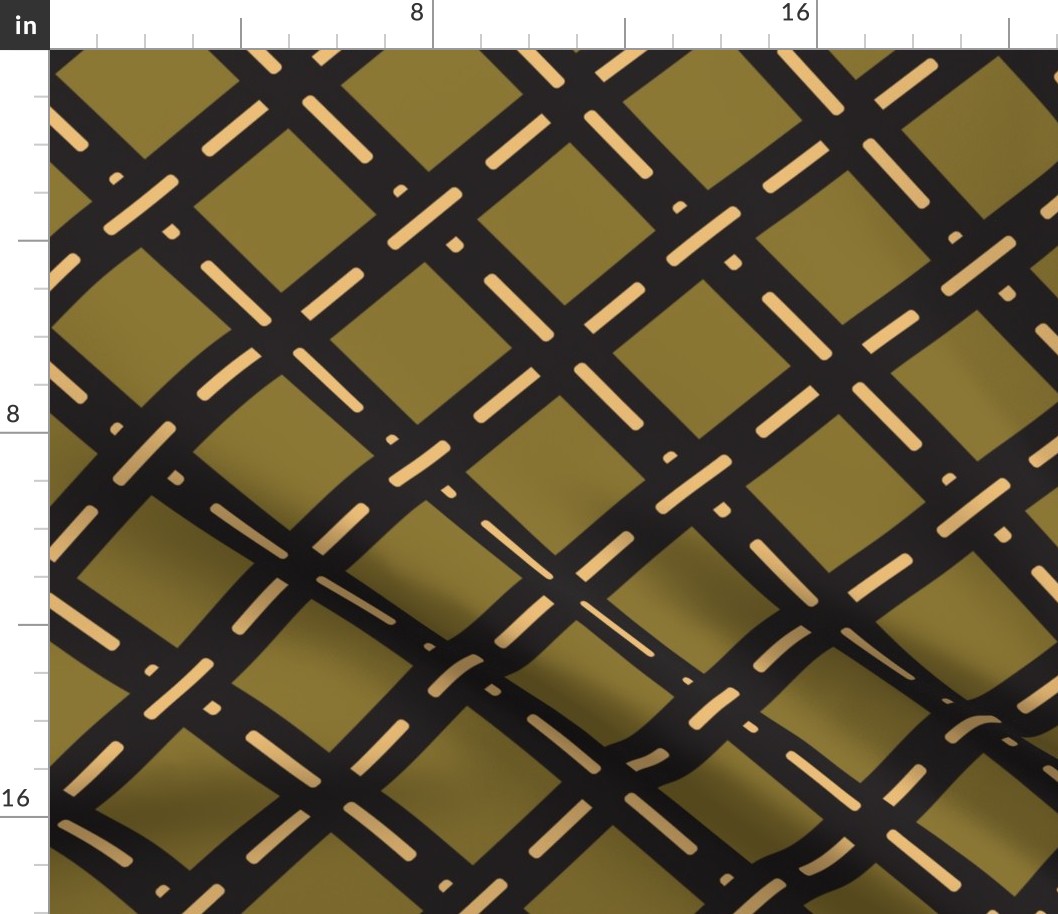 585 - Large scale diamond shape lattice Crossroad in dark charcoal and buttery cream, muted olive green - for wallpaper, table cloths, kids apparel, curtains and duvet covers 