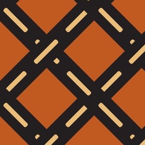 585 - Large scale diamond shape lattice Crossroad in dark charcoal and buttery cream, burnt orange - for wallpaper, table cloths, kids apparel, curtains and duvet covers 