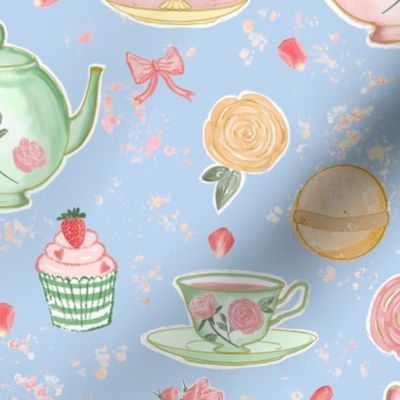 Vintage Indulgence - teapots, cupcakes, roses on blue