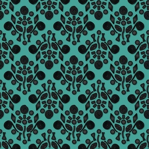 Licorice Damask, black on teal, medium