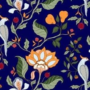 (M) Partridge and pear tree Jacobean flowers in gold and forest green on navy background