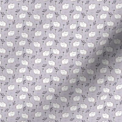 Fuzzy fat sleepy cats sweet kawaii kittens and leaves for kids white on lilac purple XS