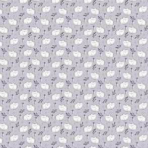 Fuzzy fat sleepy cats sweet kawaii kittens and leaves for kids white on lilac purple XS