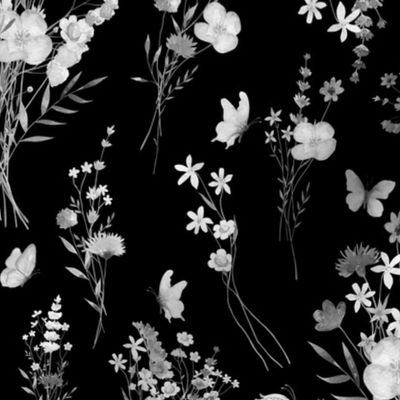 Wildflower Cottage Garden #2 (butterflies) - greyscale on black, medium