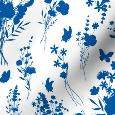 Wildflower Cottage Garden #2 (butterflies) - antique blue silhouettes on white, medium