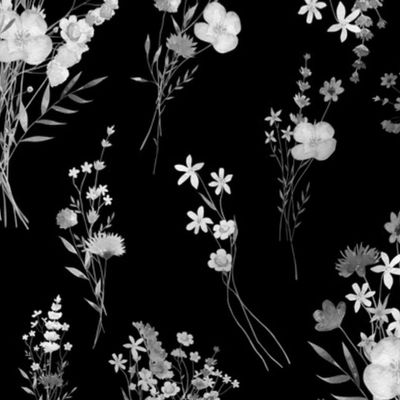 Wildflower Cottage Garden #1 - greyscale on black, medium