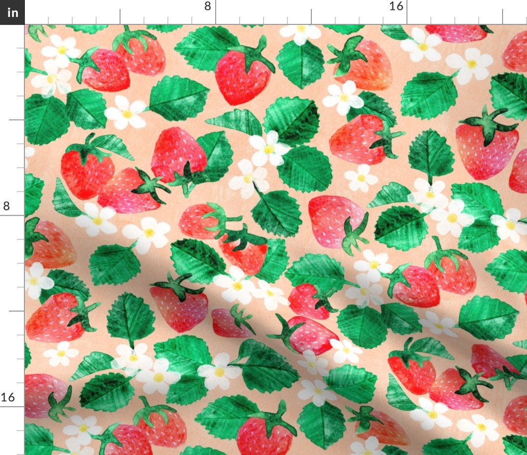 Sweet Garden Treats Watercolor Strawberry Floral on Peach Large