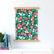 Delicious Fresh Strawberry Floral in Watercolor on Dark Blue Large