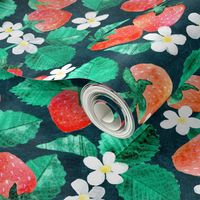 Delicious Fresh Strawberry Floral in Watercolor on Dark Blue Large