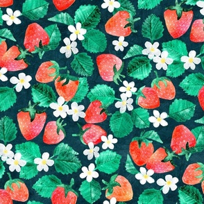 Delicious Fresh Strawberry Floral in Watercolor on Dark Blue Large