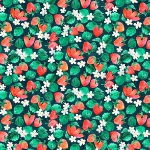 Delicious Fresh Strawberry Floral in Watercolor on Dark Blue Small