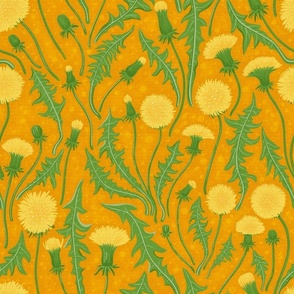 Dandelions, green, yellow and orange