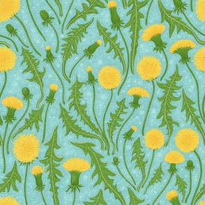 Dandelions, green, yellow and blue