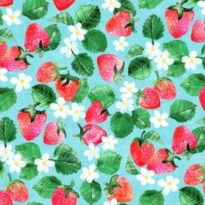 Sweet Garden Strawberries and Flowers in Watercolor on Light Blue Large