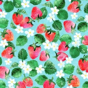 Sweet Garden Strawberries and Flowers in Watercolor on Light Blue Medium