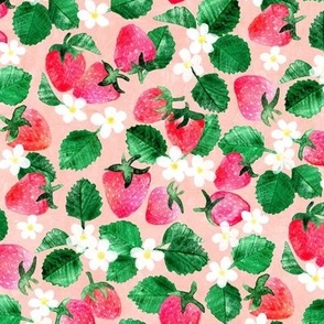 Juicy Sweet Treats Watercolor Strawberries and Flowers on Pink Medium