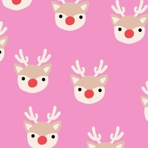 Little kawaii Christmas Rudolph reindeer with antlers and red nose on pink LARGE