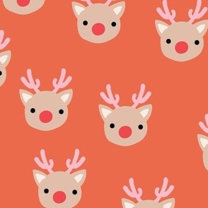 Little kawaii Christmas Rudolph reindeer with antlers and red nose on orange LARGE