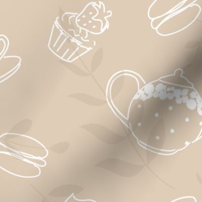 Sweet Treats Macaroons Cupcakes and Tea on Beige