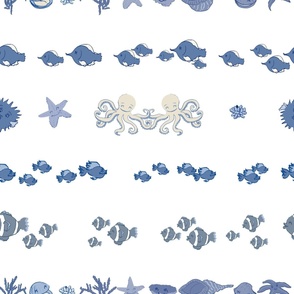 Fish, shells, octopus, coral in seamless linear design. JUMBO
