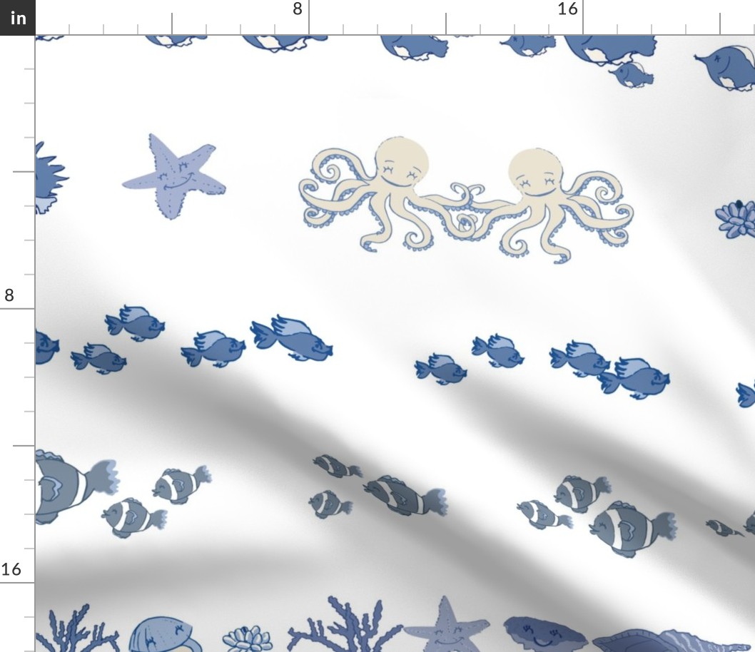 Fish, shells, octopus, coral in seamless linear design. JUMBO