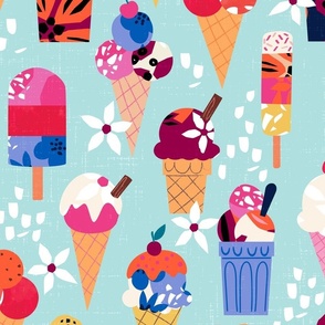 Ice creams and summer flowers in blue large scale