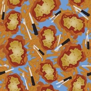 Vector hand drawn homage to the Australian pub meal classic, “the chicken parmigiana” or “parmy” with cutlery and fries on blue background
