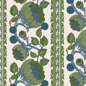 Grandmillennial bold and moody trailing floral and leaves stripe in olive greens and blues on eggshell