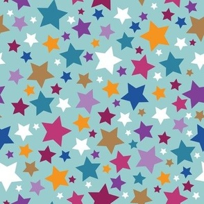 Vector artwork Blue, yellow, pink, purple, orange and white stars arranged on a teal background