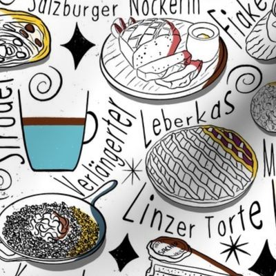 Austrian Delights Sketchnote - Coffee specialties, pastries, cake  and hearty cuisine, white background (medium scale)