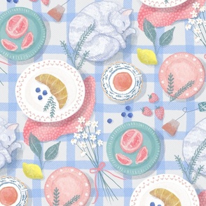 (large) Picnic Brunch with Kitty on Blue Gingham