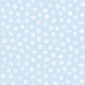 Medium scale / Textured white dots on pastel powder blue / Organic abstract spots and marks hand drawn distressed brush strokes round grunge polka circles / Cool pale dull light soft icy sky baby boy speckles shapes