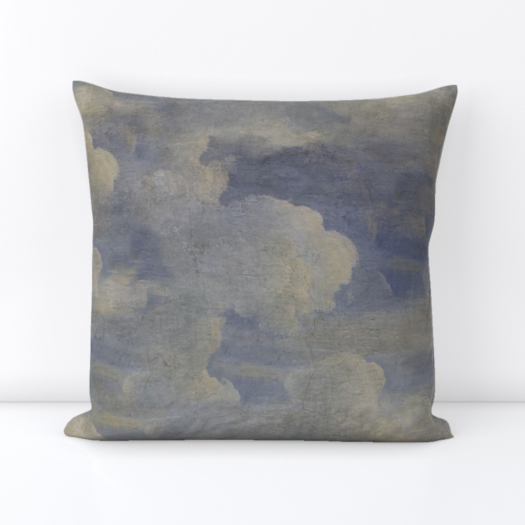 Painted Italian Fresco Antique Textured Clouds, Blue and White