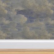 Painted Italian Fresco Antique Textured Clouds, Blue and White