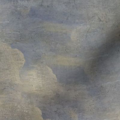 Painted Italian Fresco Antique Textured Clouds, Blue and White