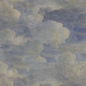 Painted Italian Fresco Antique Textured Clouds, Blue and White