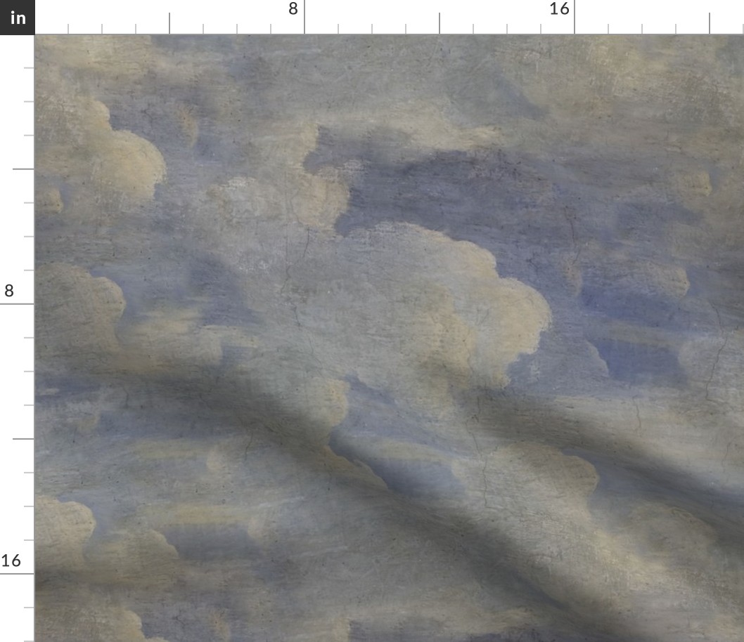 Painted Italian Fresco Antique Textured Clouds, Blue and White