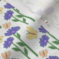 meadowridge river daisy purple floral cut flowers yellow butterflies hand drawn textural garden flower on white bedding home decor