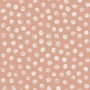 Medium scale / Textured white dots on light brown / Organic abstract spots and marks hand drawn distressed brush strokes round grunge polka circles / Warm neutrals pale soft dusty rose nude blush speckles shapes