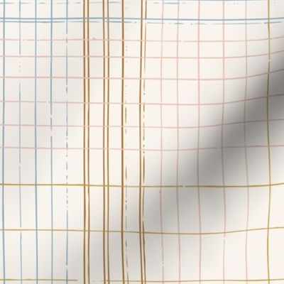 Large Scale 12 inch Hand Drawn Traditional Preppy Plaid, Neutrals of Tan, Beige, Gold and Blue