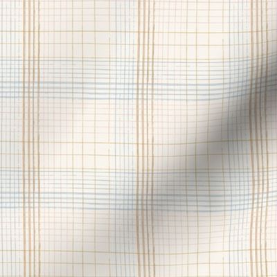 Small Scale 3 inch Hand Drawn Traditional Preppy Plaid, Neutrals of Tan, Beige, Gold and Blue 