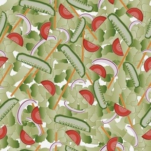 Vector artwork hand drawn salad composition seamless pattern. Get your vitamins by looking at these carrots, tomatoes, cucumbers and lettuce!